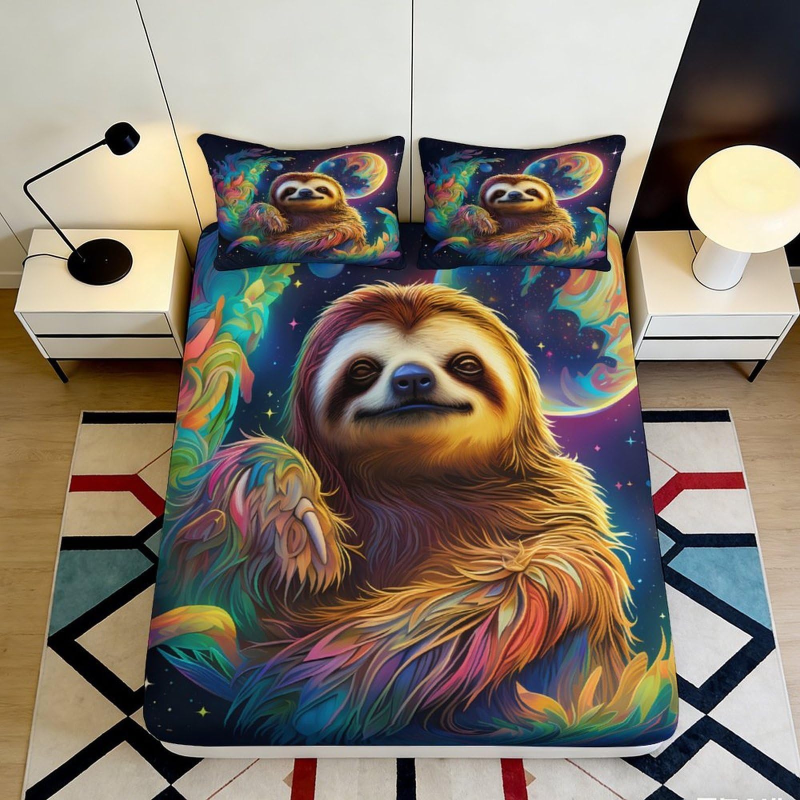 3D Printed Colorful Sloth Galaxy Fitted Sheet Microfiber Soft Mattress Cover for Bedroom Dorm Decor Easy Care 140x200x25cm