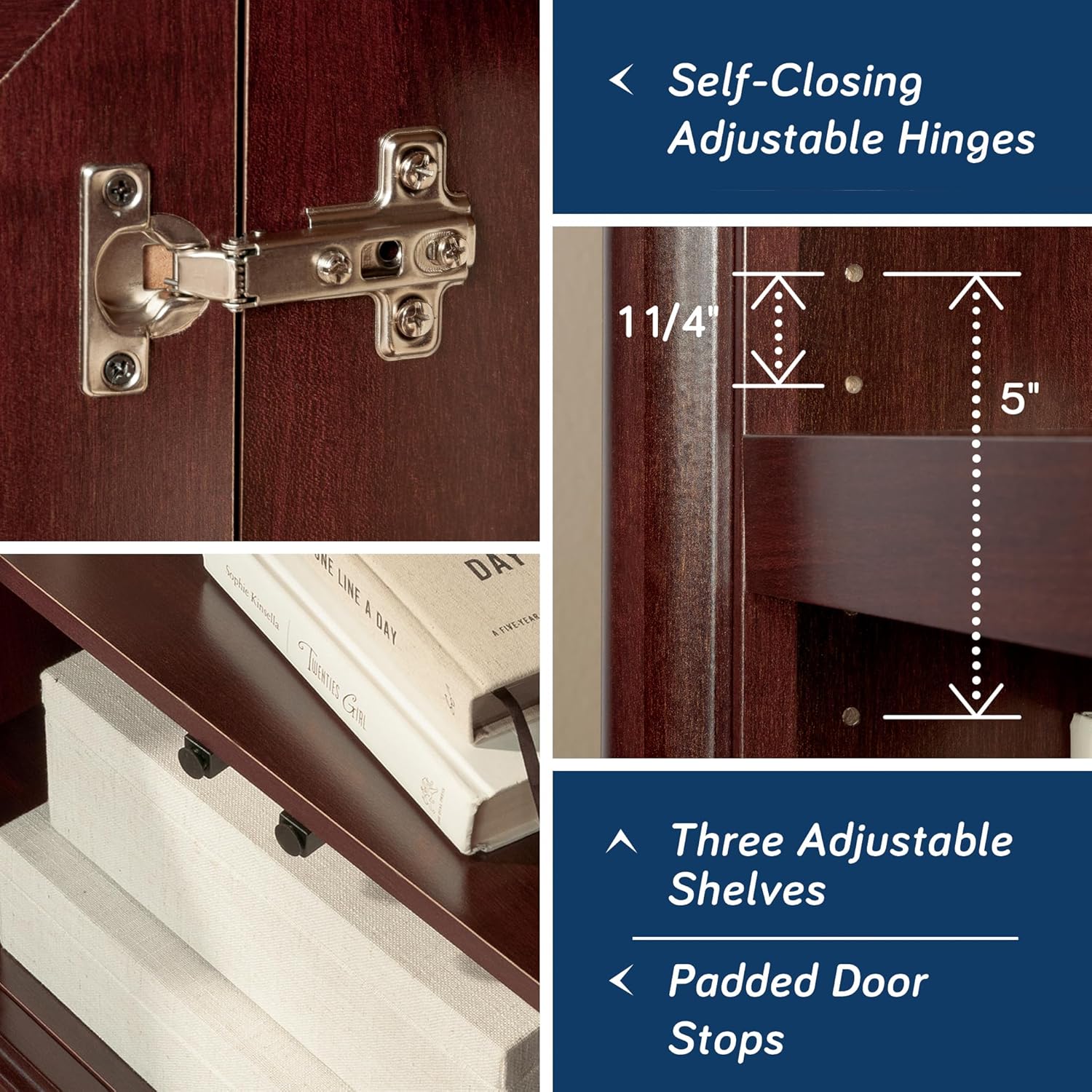 Primer pla view of adjustable hinges, shelf pin holes, and padded door stops on the Sauder Palladia Book Shelf.