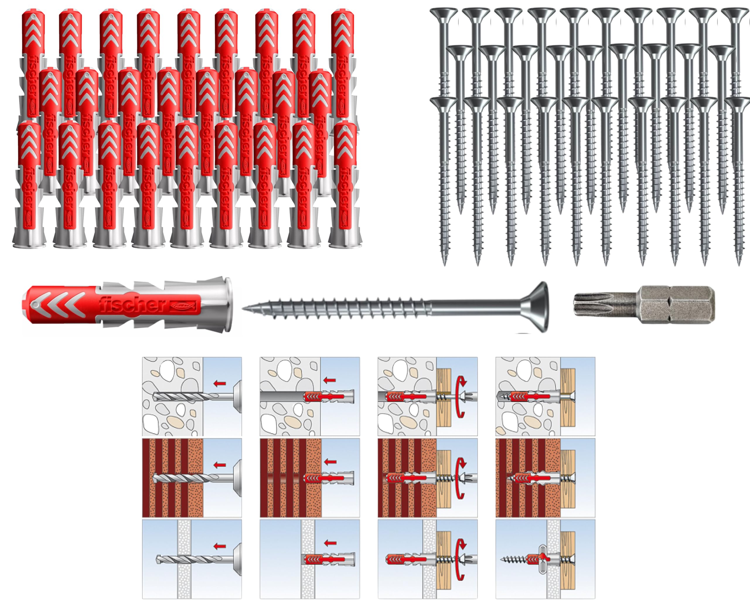 Fischer DUOPOWER DÜBEL mit SCHRAUBEN und BIT, Universaldübel, leistungsstarker 2K-Dübel, zur Befestigung in Beton, Ziegeln, Stein, Gipsbauplatten (5x25mm + 4x35mm Schrauben, 200, Stück)