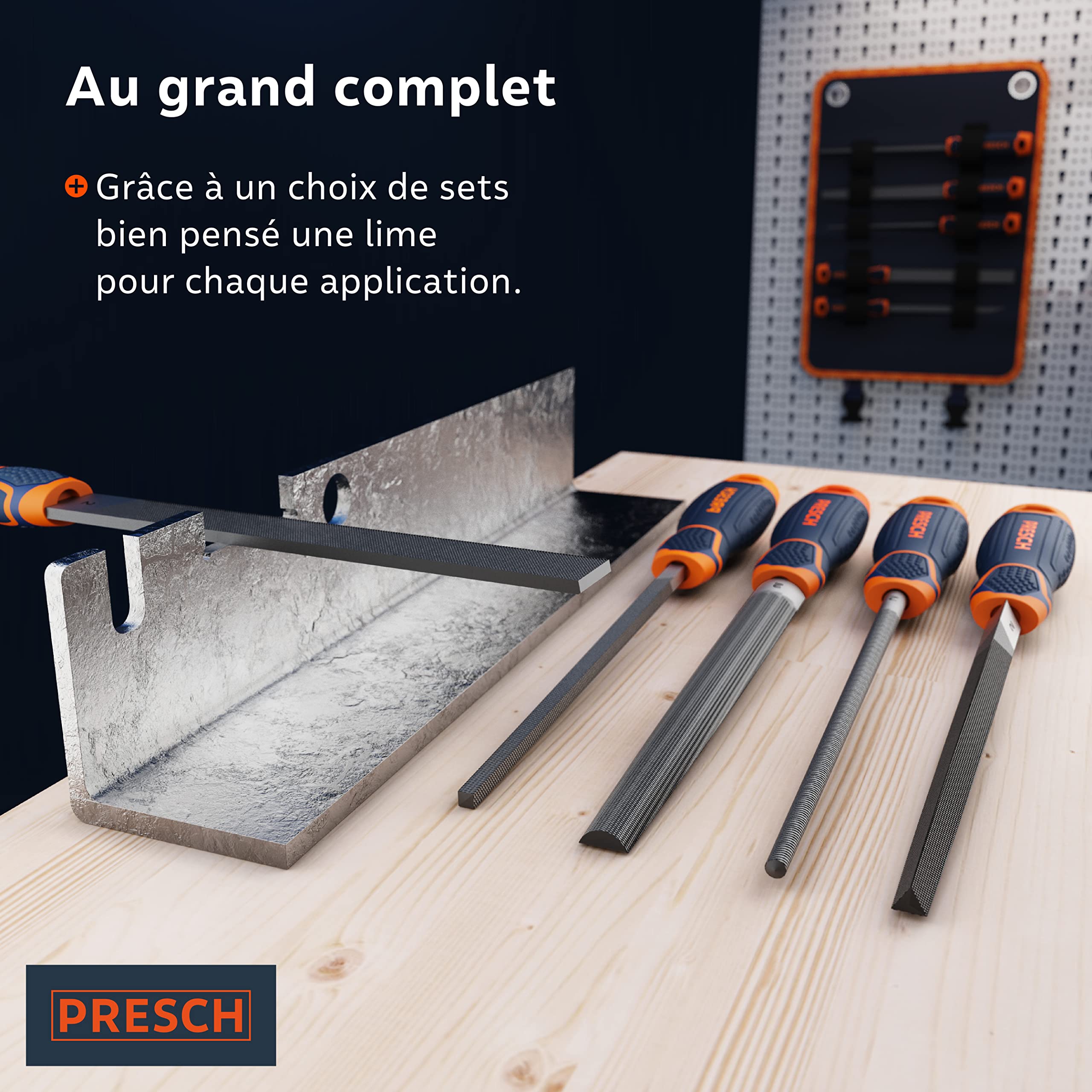 Presch Set de limes d'atelier 5 pièces - Limes métalliques plates, demi-rondes, rondes, triangulaires, carrées