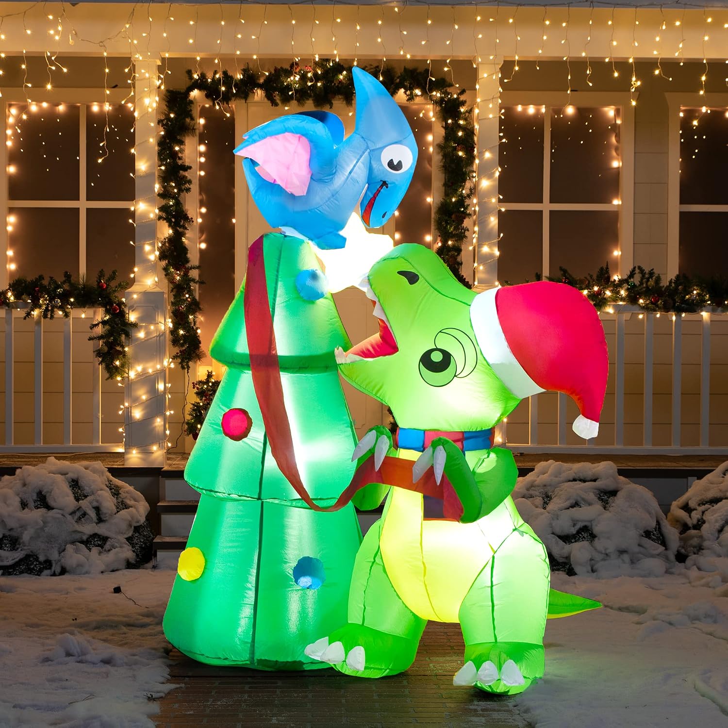 Joiedomi 7 FT Christmas Dinosaur Inflatable Decoration, Dinosaur Decorating a Christmas Tree Inflatable with Built-in LEDs Blow Up Xmas Tree for Party Outdoor, Yard, Garden, Lawn Winter Decor