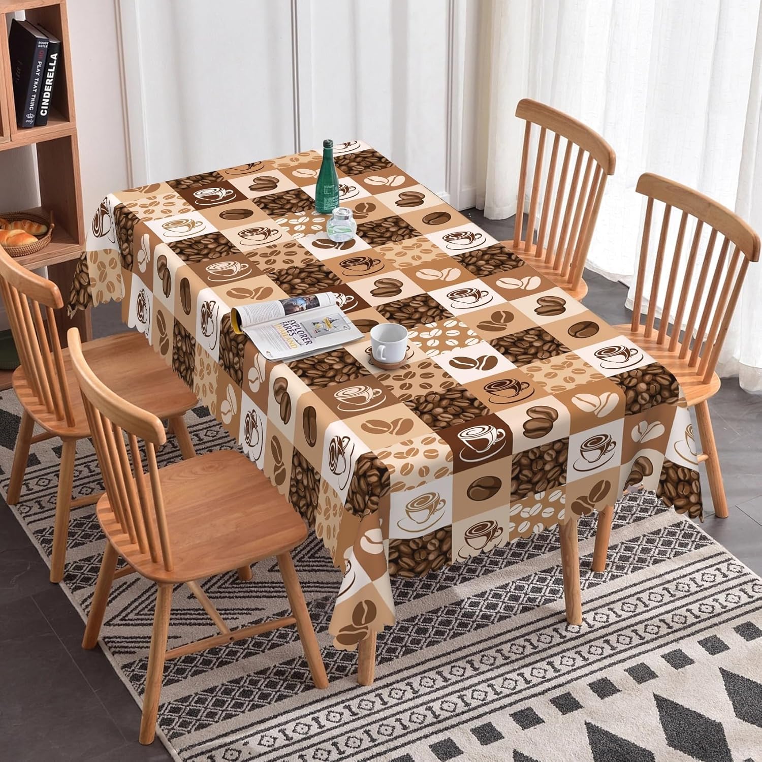 Laeacco 84x60 inch Coffee Beans Print Tablecloth Coffee Cup Hand Drawn Sketch Rectangle Tablecloth Rerto Plaid Waterproof Home Table Cloth for Dining Room Kitchen Cafe Table Decor