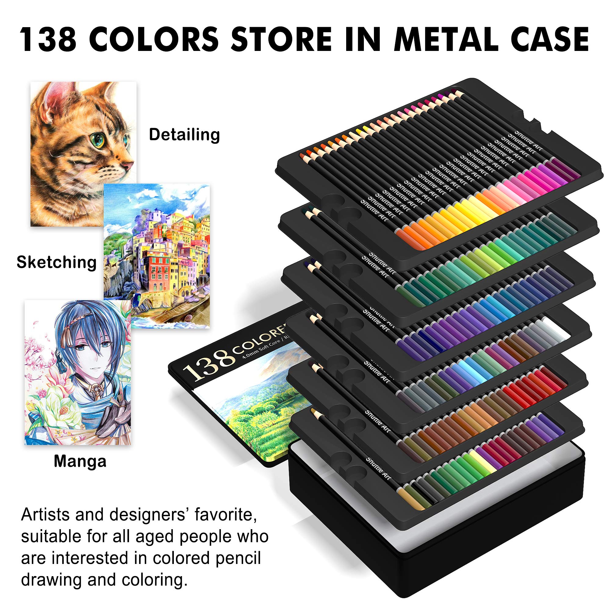 Buy 138 Colours Professional Colouring Pencils, Shuttle Art Soft Core Coloured Pencils Set with