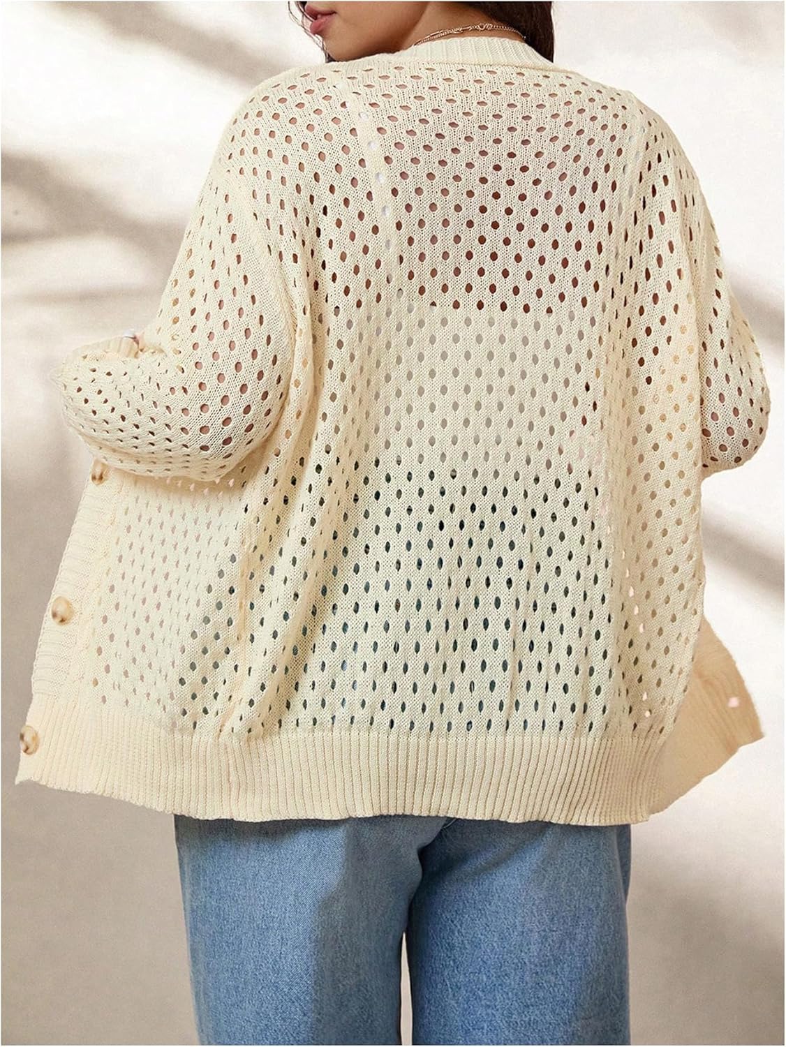 OYOANGLE Women's Plus Size Crochet Hollow Out Button Front Cardigan Sweater Long Sleeve Fashion Lightweight Cardigan - Image 2