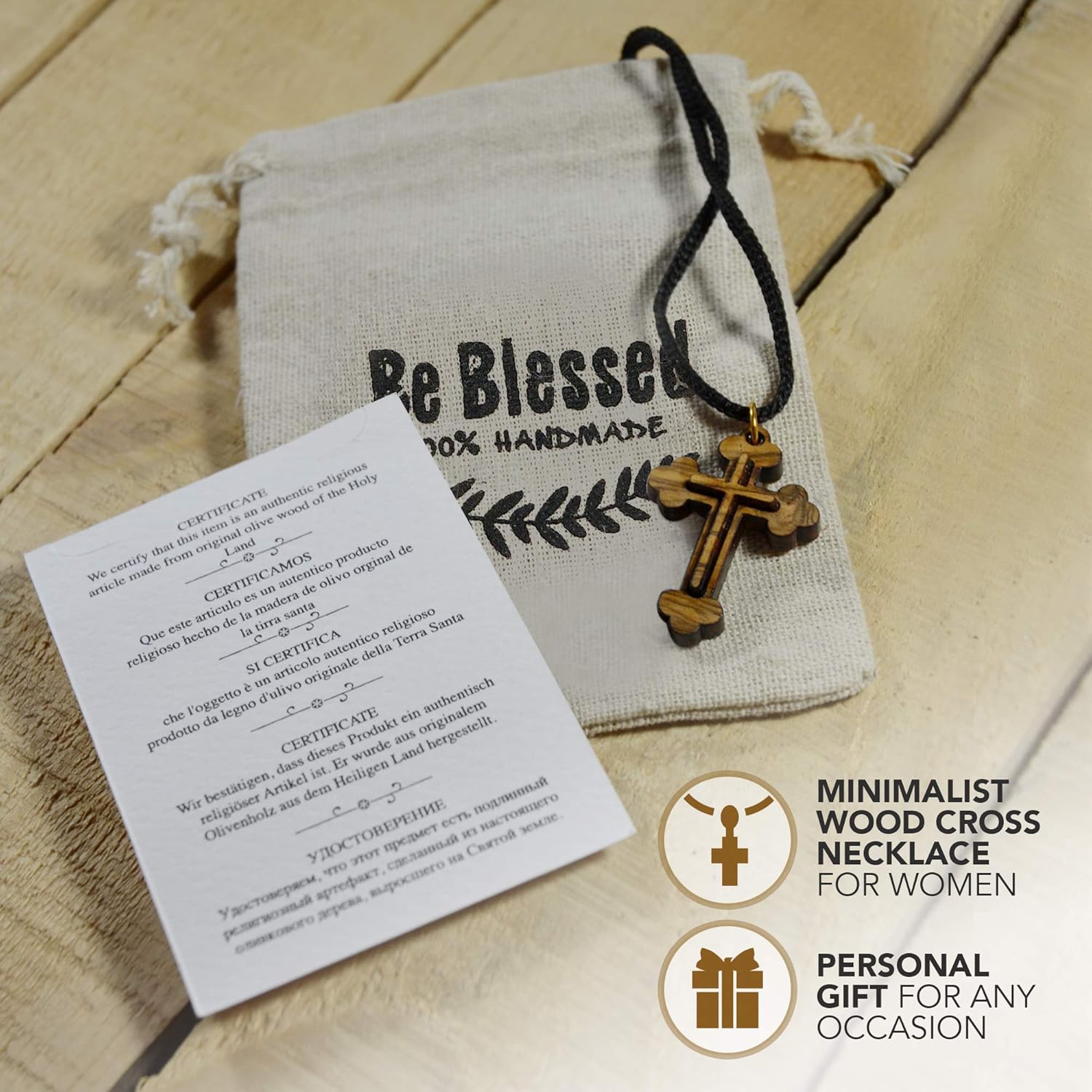 Most Original Gifts Certified Bethlehem Made Wooden Cross (Olive Wood) Budded Cross Pendant on Black Cord Necklace in Natural Cotton Pouch - 24" Adjustable Wood Cross Necklace for Men & Women - Image 5
