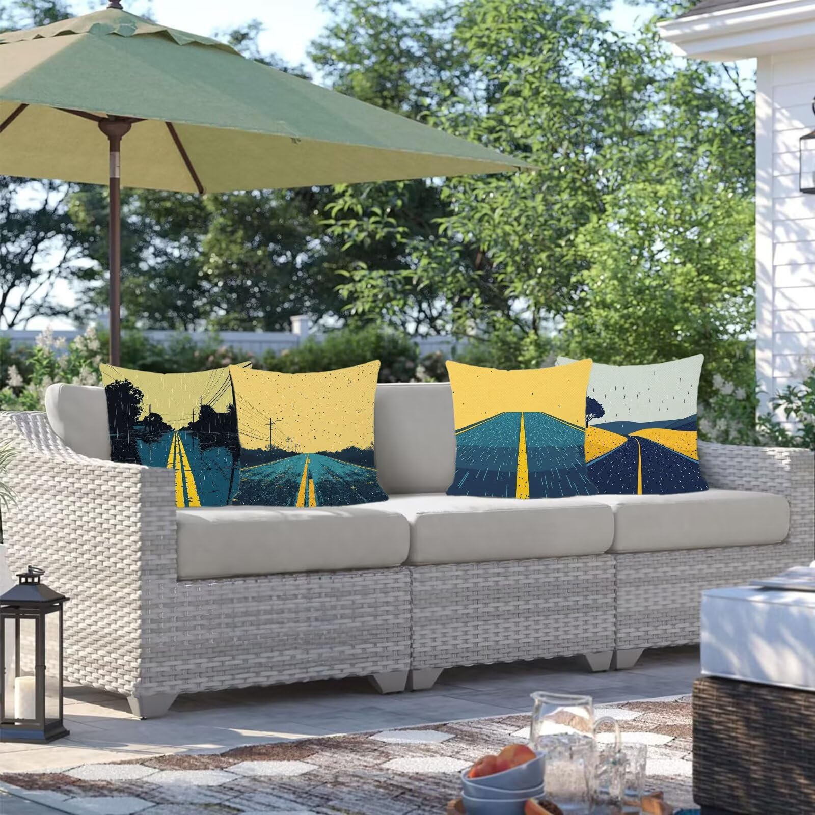 Cuscini Per Divano, Imbottitura Cuscini 75x75cm, Federa Per Esterno da Esterno Set da 4 Pezzi, Tenda Da Pioggia Cuscino Decorativo, Lavabile, Lino, Tessuto Esterni, Outdoor Garden Decor Strada N-8