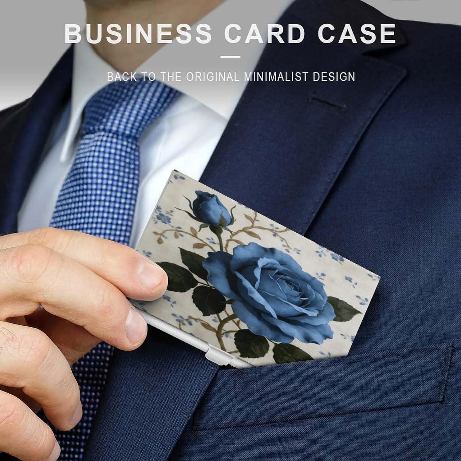 Personalized Rustic Blue Floral Business Card Case Ultra-Thin Aluminum Alloy Business Card Holders with Buckle Style Shut Lightweight Business Card Wallet for Men Women