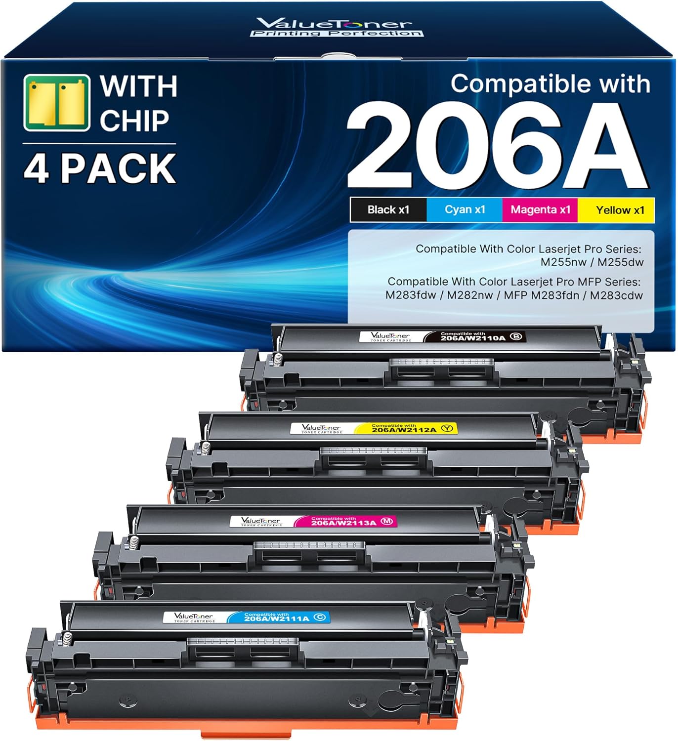 206A Toner Cartridge 4 Pack - M283fdw M283cdw Compatible Replacement for HP 206A 206X, Works with HP Color LaserJet Pro MFP M283fdw M283cdw M255dw M282 M283 M255 | W2110A (Black Cyan Yellow Magenta)