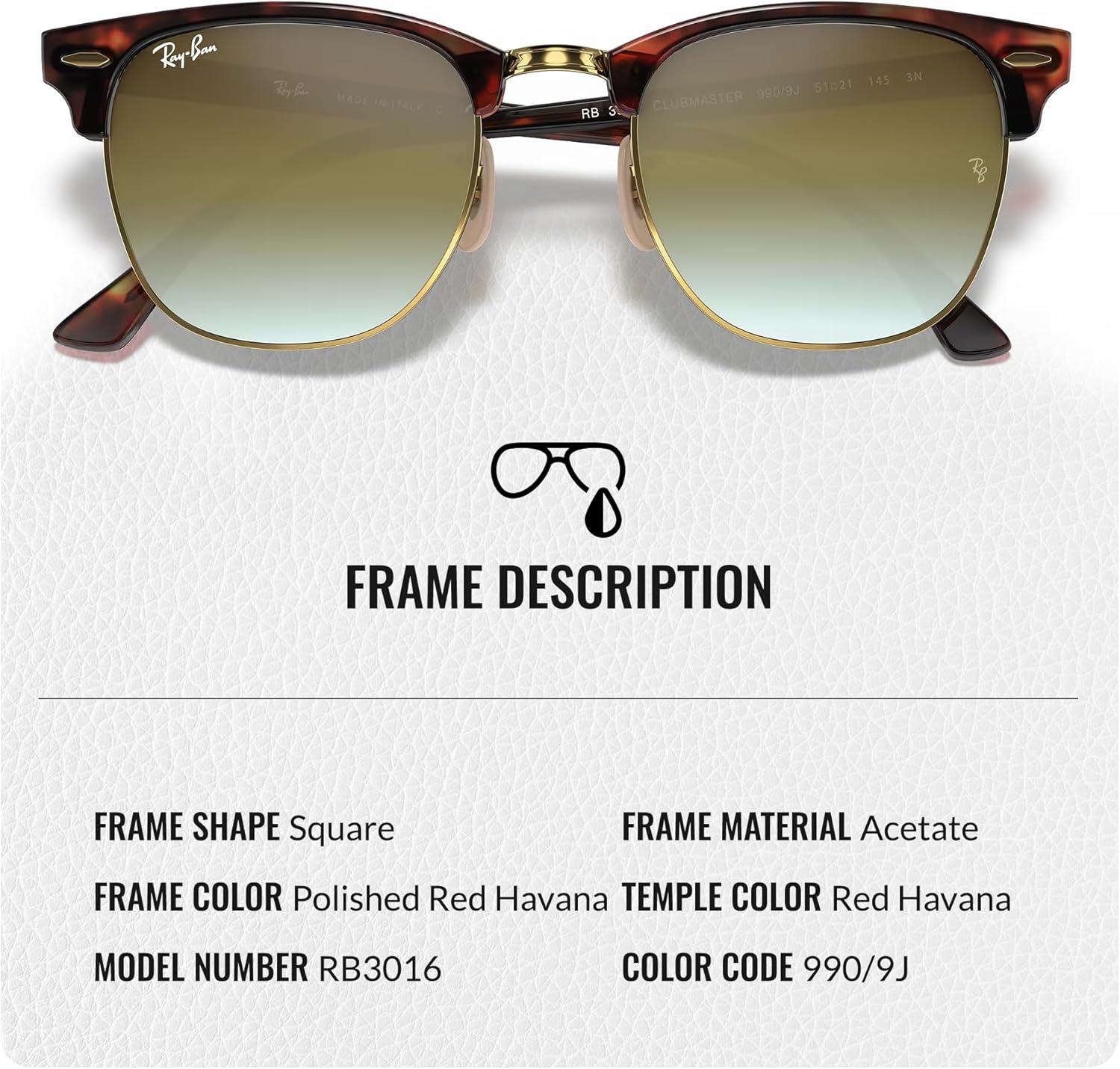 Ray-Ban RB3016 CLUBMASTER FLASH LENSES Square Shaped Sunglasses for Men & Women with Official RAYBAN Eyewear Kit