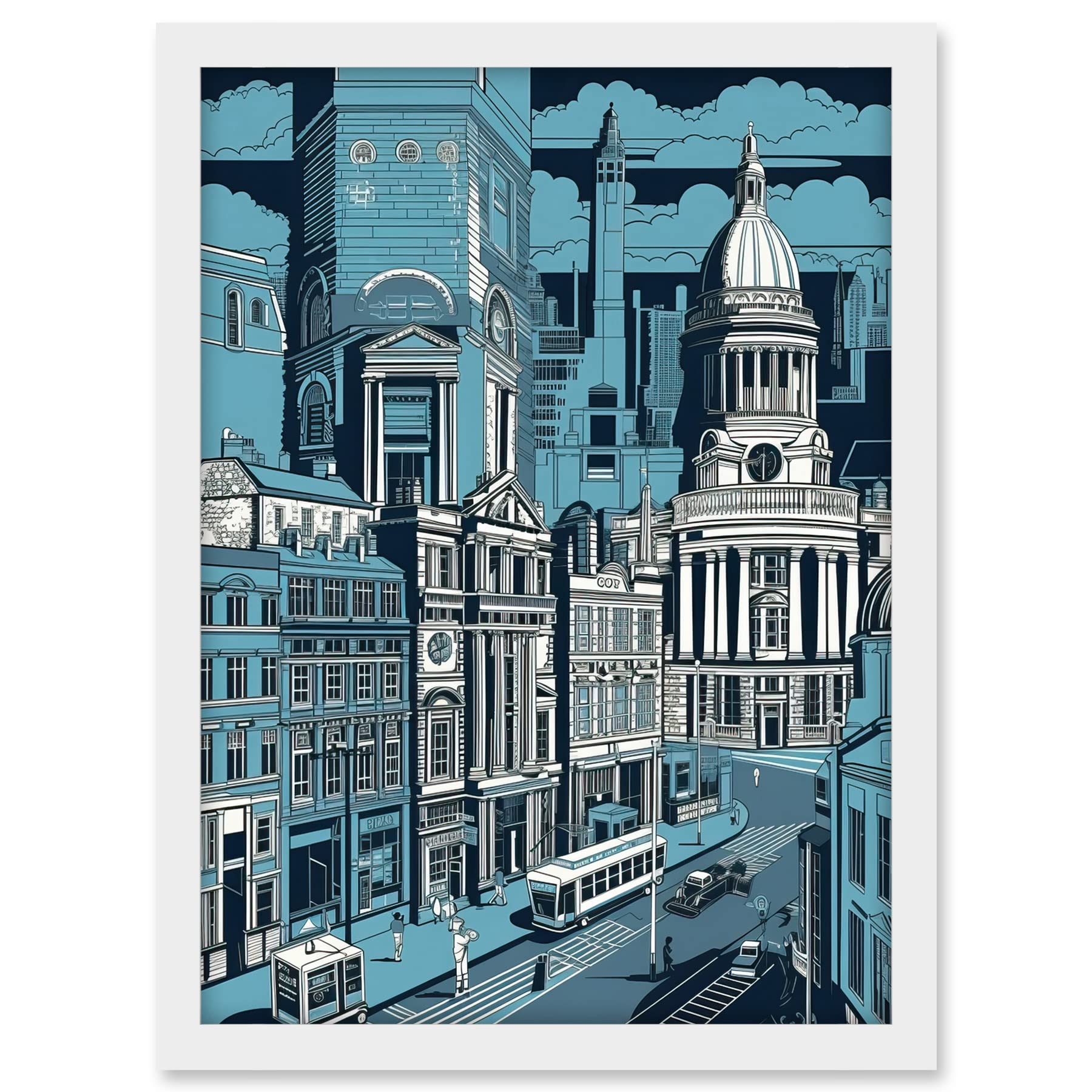 Artery8 Belfast Cityscape City Centre Hall Linocut Style Artwork Framed A3 Wall Art Print