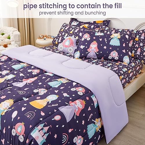Miniatura 2 de Juego de edredón tamaño individual de Mooreeke para niñas y niños, 6 piezas, cama en una bolsa, juego de edredón, sábanas y fundas con castillo,