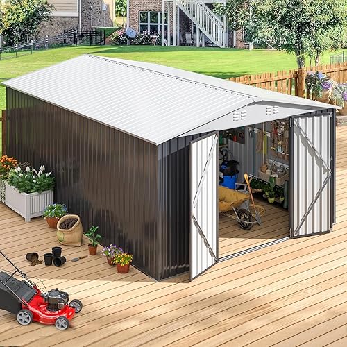 Polar Aurora 10x14 Outdoor Storage Shed, Garden Shed with Updated Frame Structure and Lockable Doors, Metal Tool Sheds for Backyard Garden Patio Lawn, White