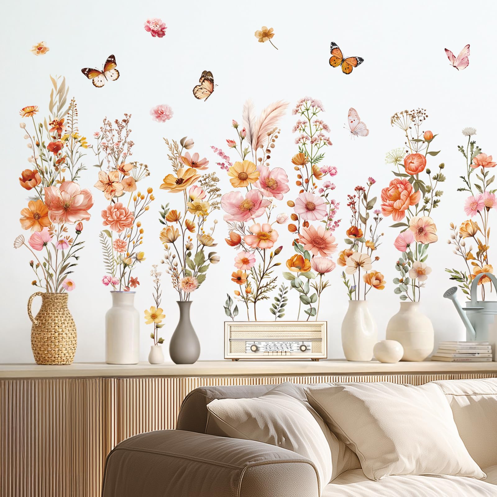 DECOWALL Boho Wildflower Wall Decals with Butterflies – Removable Peel and Stick Floral Wall Stickers for Girls Bedroom Nursery Living Room Decor (SG2