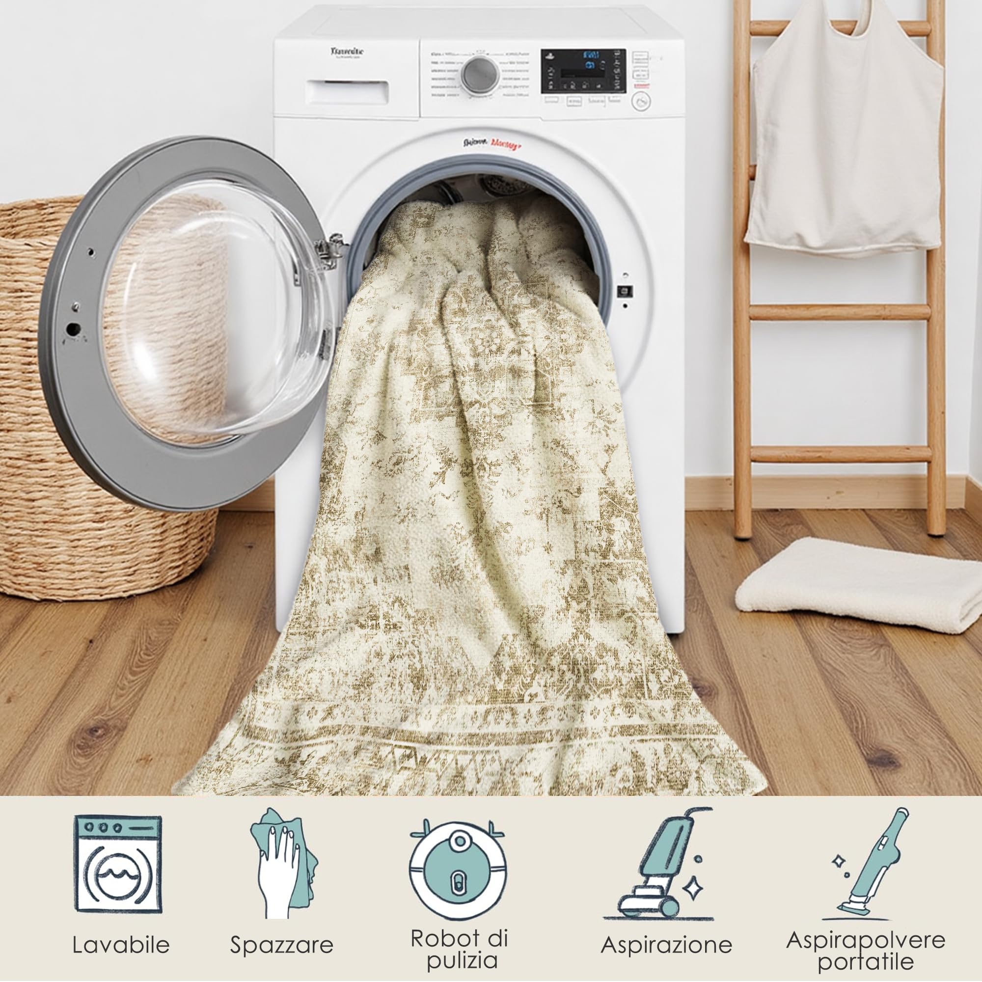 PureCozy Tappeto Salotto Moderno, Tappeti Camera Da Letto, 150x210 cm Tappeto Vintage Corridoio Antiscivolo Lavabile Pelo Corto per Cucina, Soggiorno, Ufficio, Interno,Beige