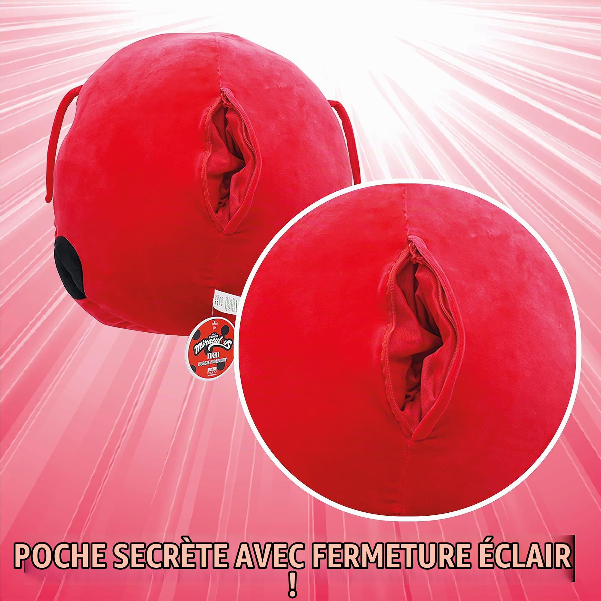 Miraculous Ladybug - Tikki - Oreiller en Peluche de 40cm - Jouet en Peluche Extra Douce - pour Enfants - avec Une Grande Poche secrète à Fermeture éclair à l'arrière (Wyncor)