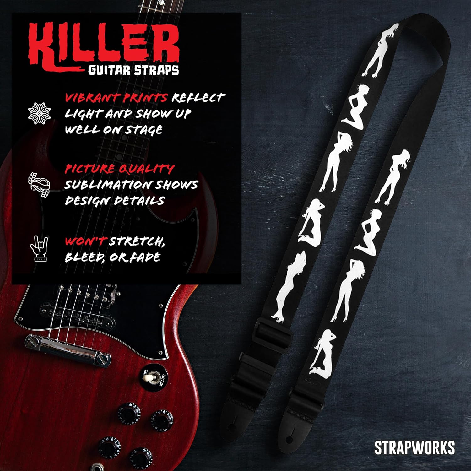 Killer-Q Guitar Strap - Stylish Straps for Electric and Acoustic Guitars With Leather Tabs, 2 Inches x 5 Feet