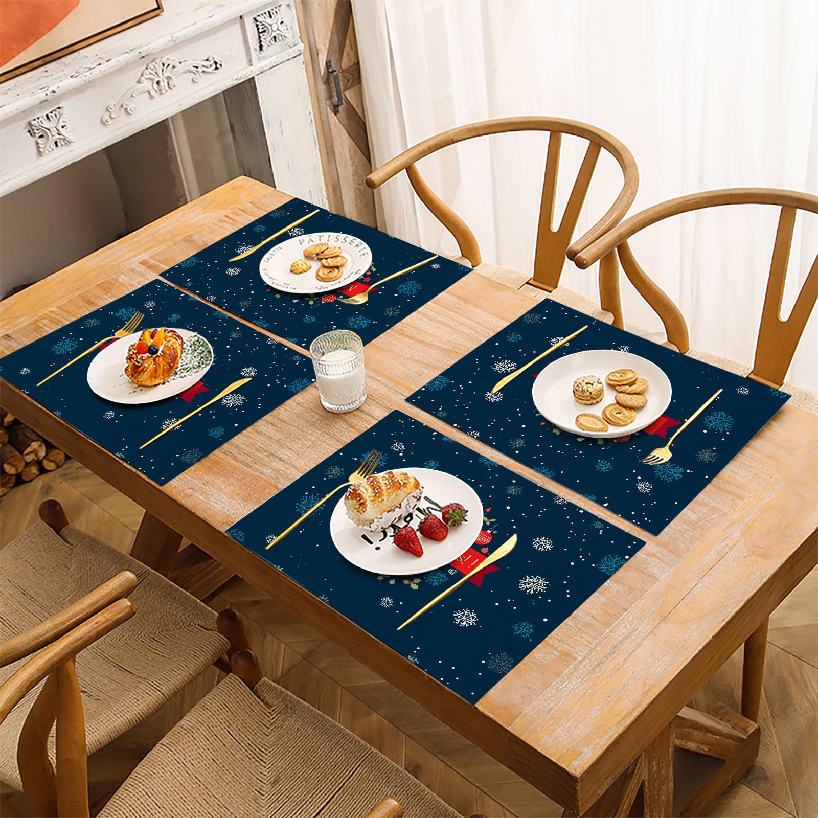 Set di 8 Tovagliette Natalizie, 45x30 cm Sottopiatti Natalizi Americane, Tovaglietta Natalizia, Cartone Animato Sfera Natale Fiocchi Di Neve Sottopiatto Lavabili Lino Tessuto Set