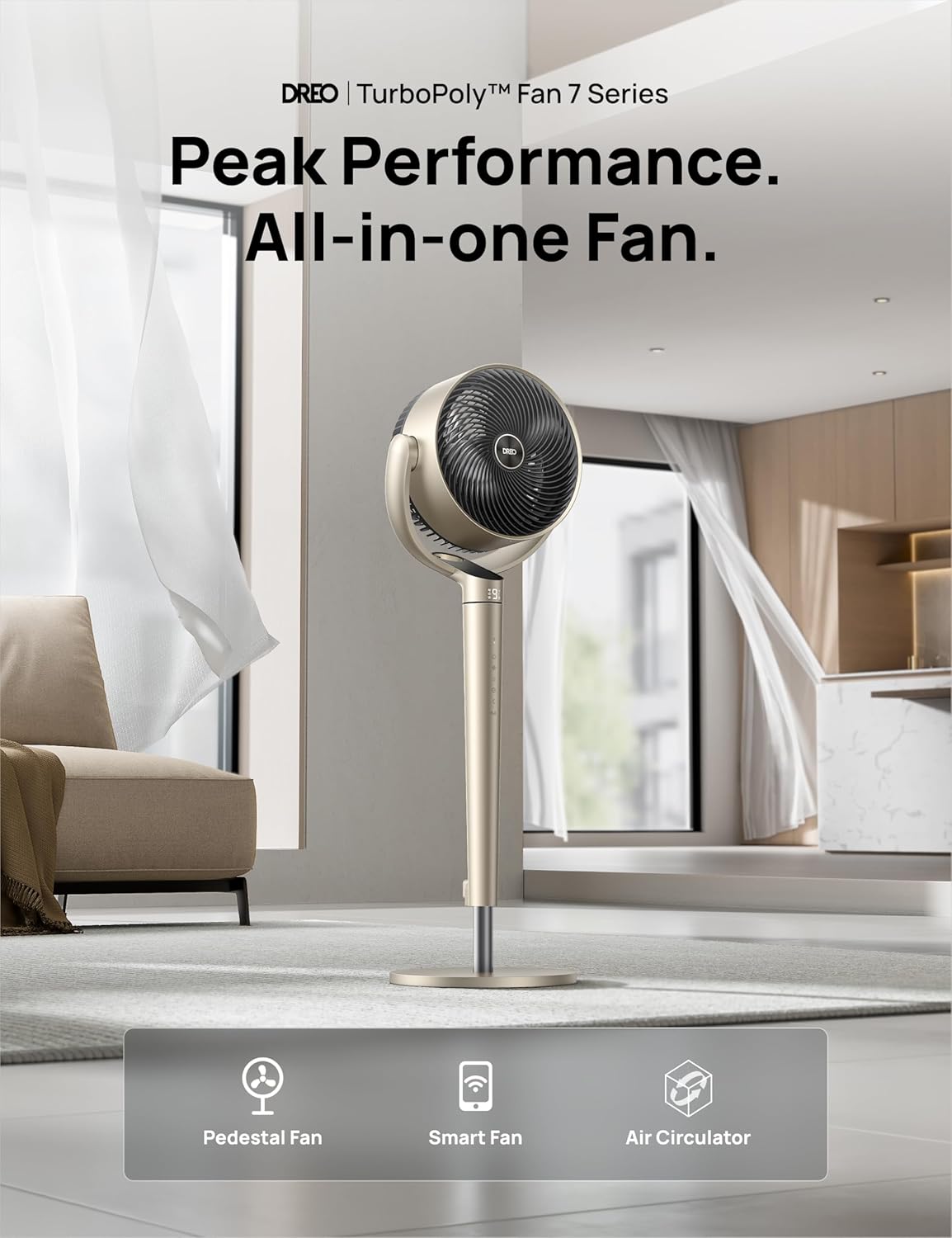 Dreo Pedestal Fan with Smart Control, 43'' Inches, 150°+120° Omni-Directional Oscillating Quiet Fans for Bedroom, 110ft Circulator Fan with DC Motor, 9 Speeds, 6 Modes, 12H Timer, Wi-Fi/Voice/Alexa Gold