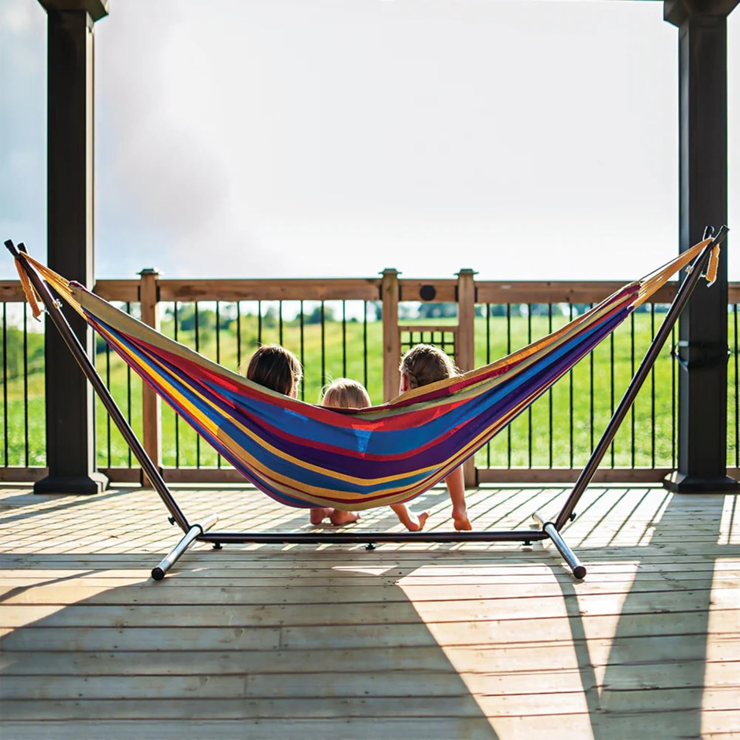 Vivere Double Cotton Hammock with Space Saving Steel Stand, Upgraded Polyester End Strings 450 lb Capacity - Premium Carry Bag Included - USA Grown Cotton (Tropical)