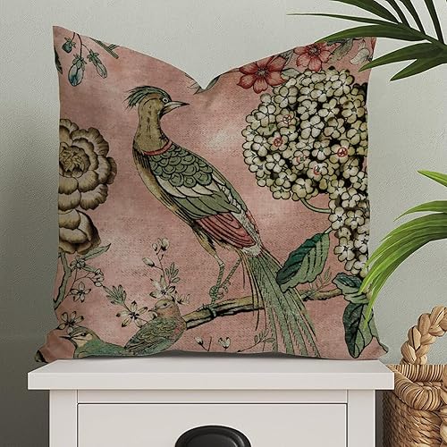 ArogGeld Funda de almohada de pavo real de hortensias y camelia chinoiserie, funda de cojín rosa rubor de 18 x 18 pulgadas, funda de almohada