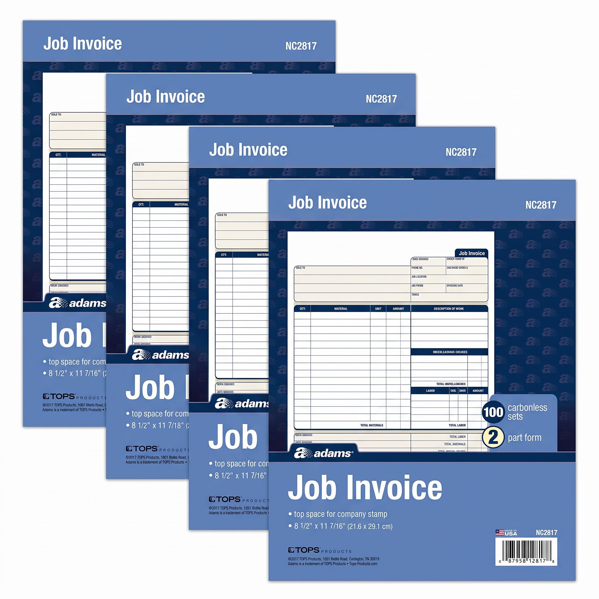 Adams Job Invoice Forms,2-Part Carbonless,for Service and Repair Billing,100 Individual Sets Per Pack (NC2817),White,8-1/2 x 11Inches,(Pack of 4)