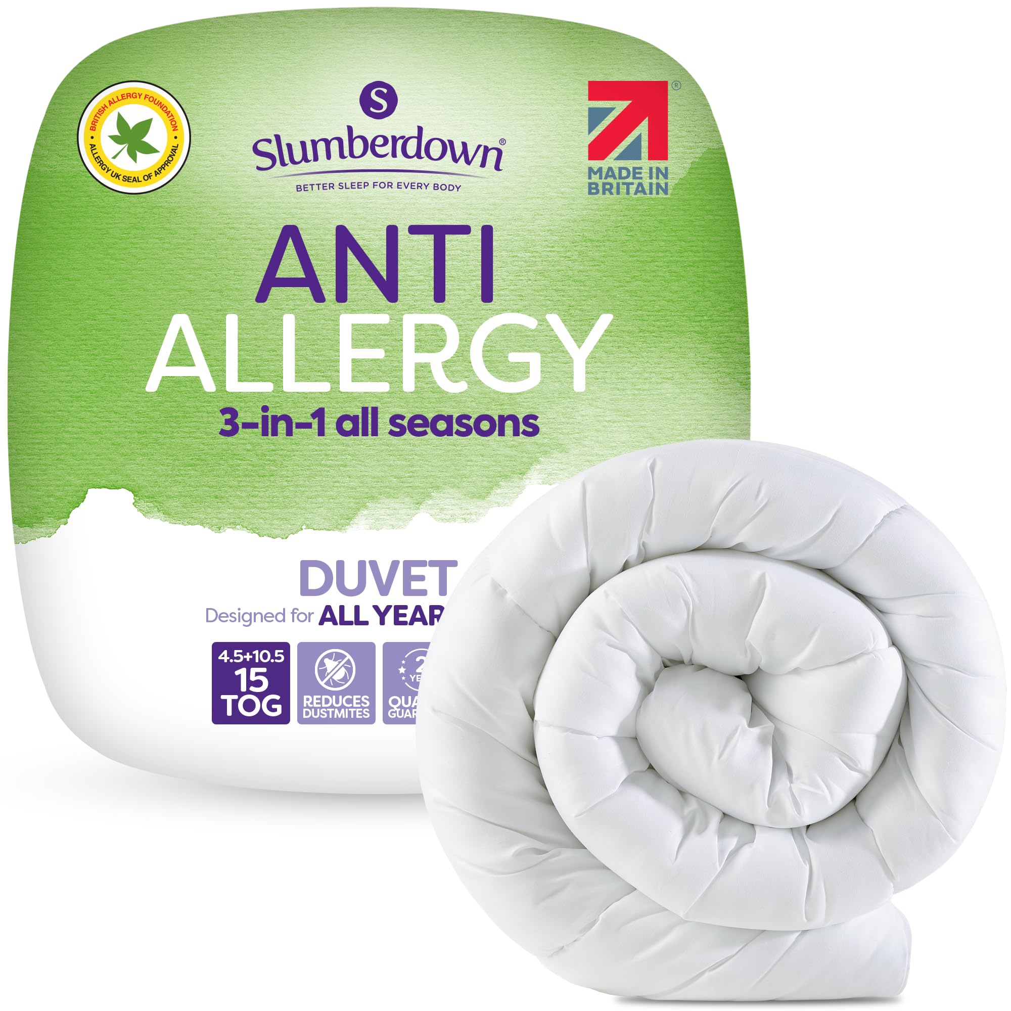 Slumberdown Anti Allergy Single Duvet 15 Tog All Seasons - Allergy UK Approved Combi Quilt (4.5 + 10.5 Tog) for Allergy Sufferers - Made in the UK, Anti Bacterial & Machine Washable (135 x 200cm)
