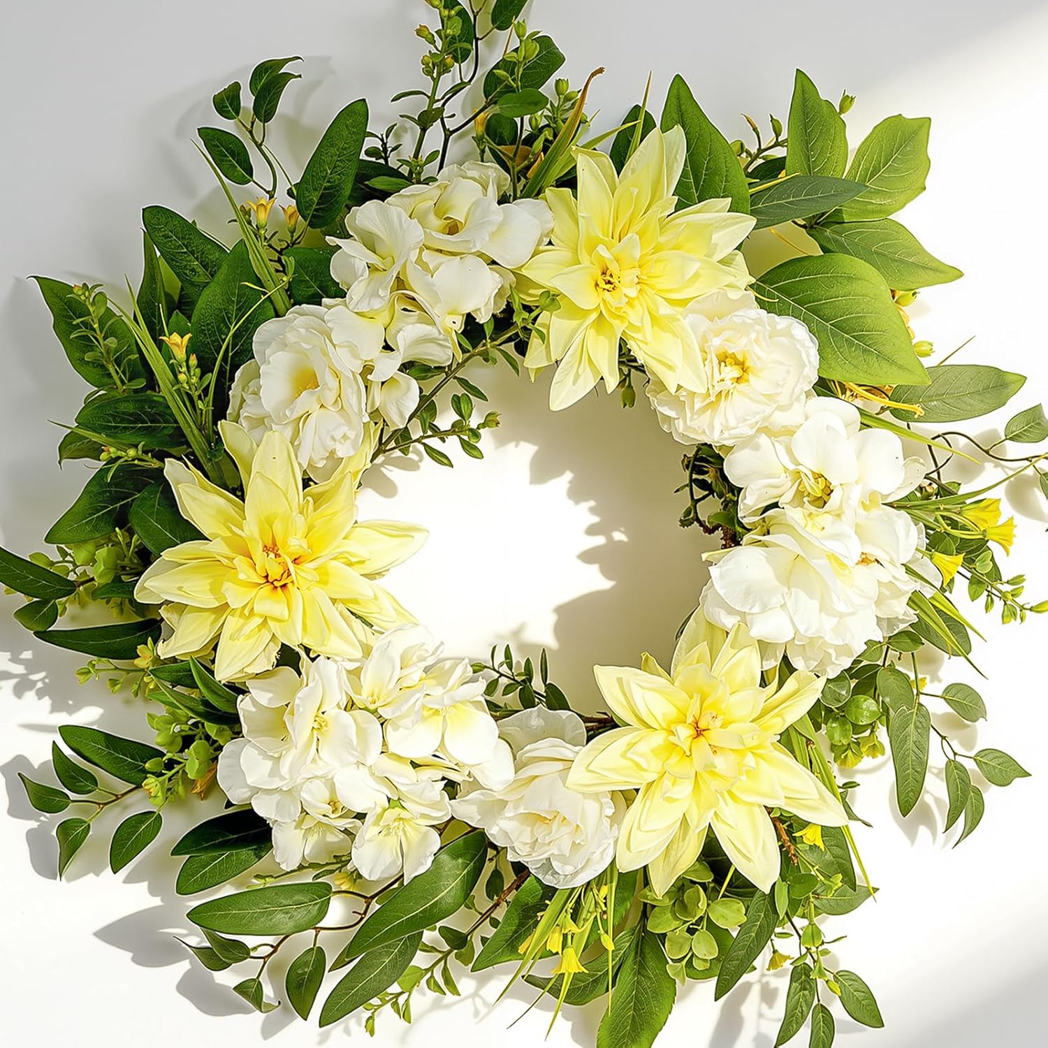 22 Inch Summer Wreaths for Front Door, Spring Summer Floral Wreath - Yellow Dahlia and White Hydrangea, Spring Door Wreath for Front Door, Porch, Outdoor, Indoor, Window, Farmhouse Decor