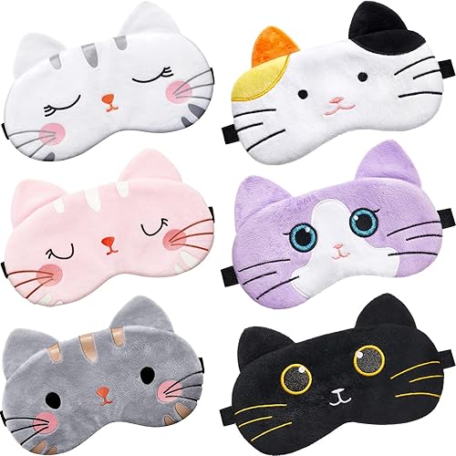 Vicenpal 6 máscaras para dormir para niños, lindo gato, animal, cubierta suave y ligera, máscara kawaii para dormir, con vendas divertidas para