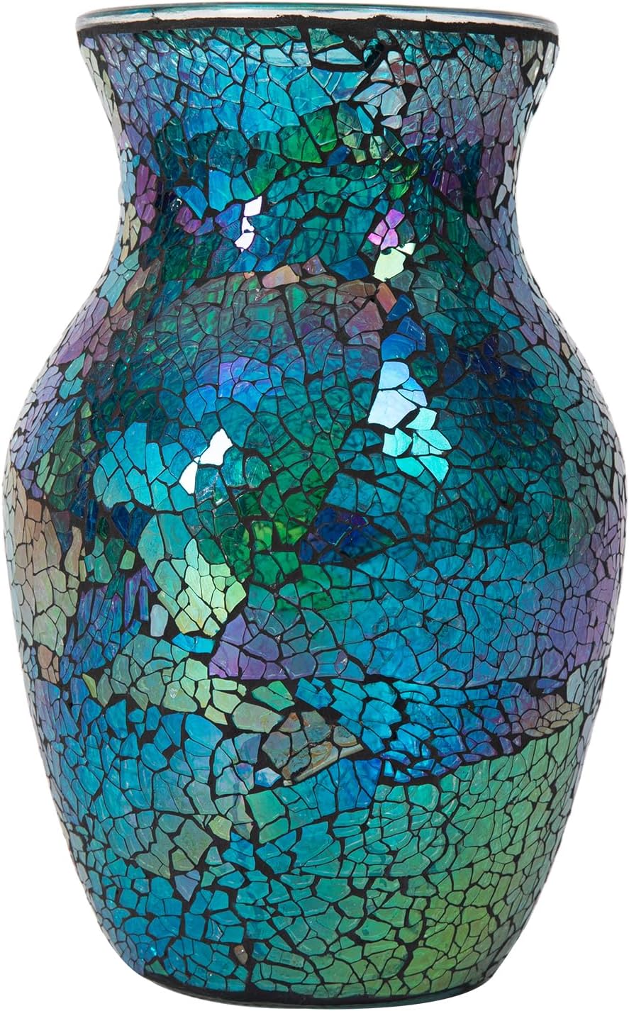Mosaic Glass Flower Vase for Home Decor, Handmade Glass Vases for Living Room, Kitchen, Wedding, Office (Shiny Blue, 5 * 8 Inch)