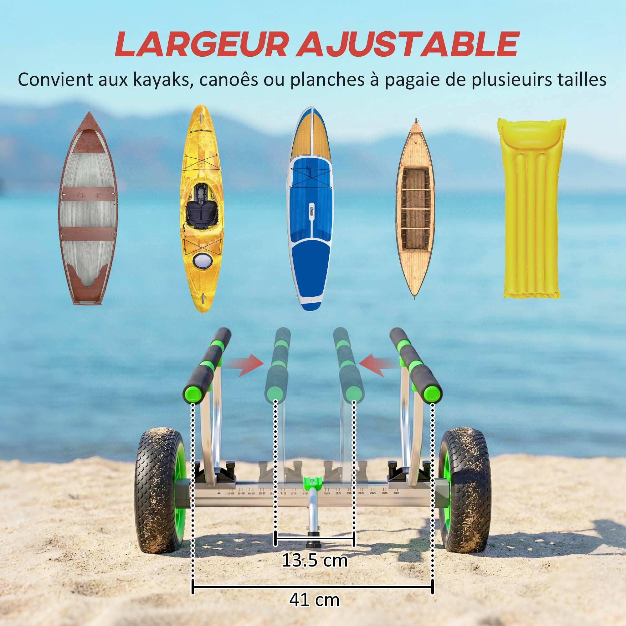 SPORTNOW Chariot de Transport pour Kayak, Stand-up Paddle, canoë avec Largeur réglable, Grandes Roues et Cadre en Aluminium - 2 Sangles fournies