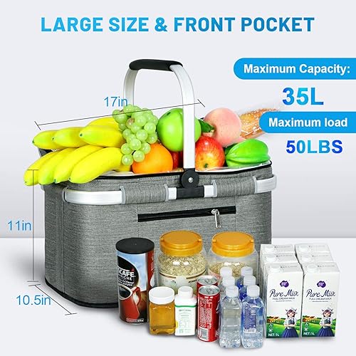 Miniatura 2 de Cesta de picnic grande de 35 L, bolsas de compras para viajes, camping, 2 capas de bolsillos internos a prueba de fugas y aislamiento plegable, el