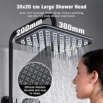 Thermostatic Shower Mixer Shower Set LED Display 30x20cm Rainfall | 5 in 1 Shower Mixer Kit with Large 30x20cm Square Rainfall, Ambient Lights and 3-Way Handheld for Bathroom, Black