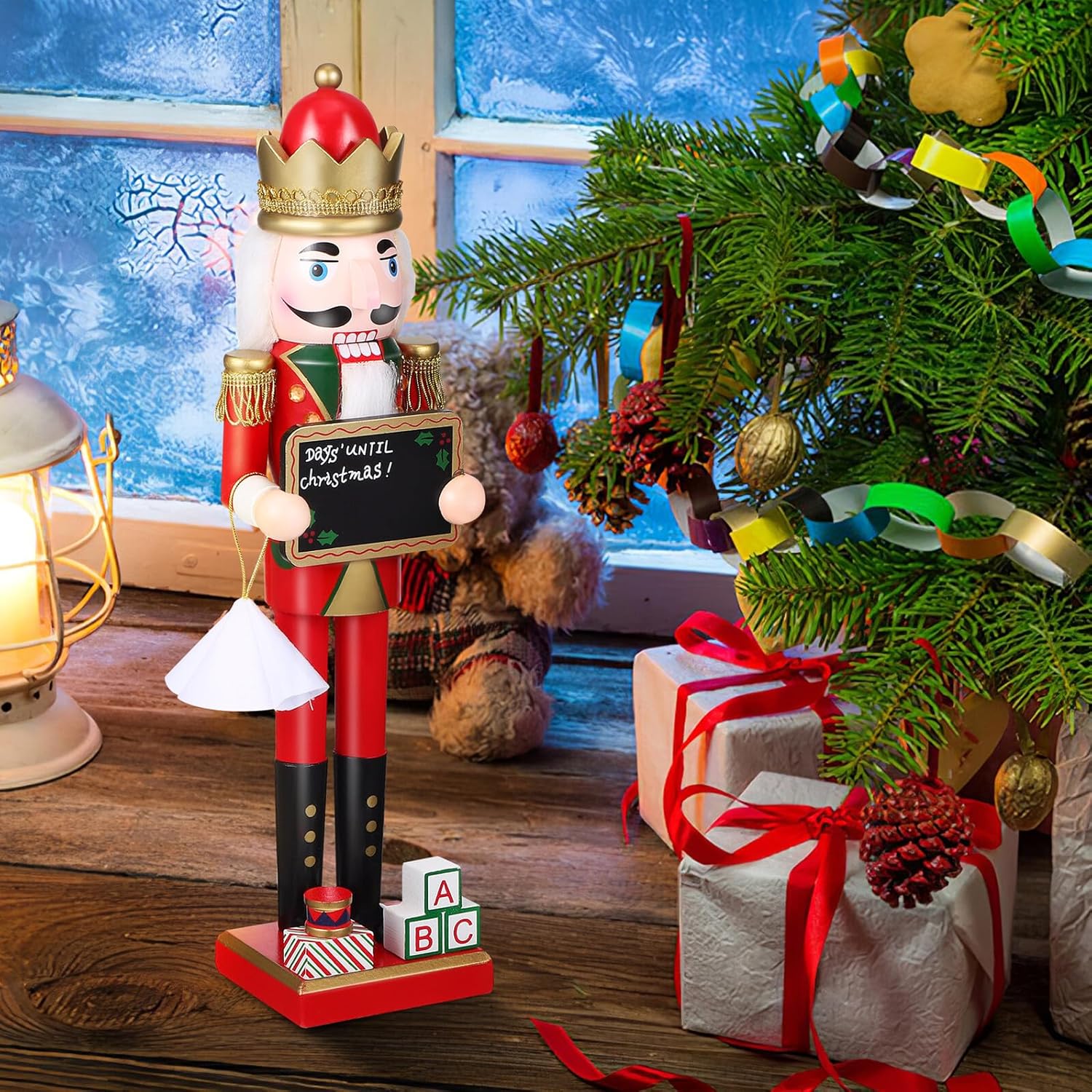 Traditional 38cm Wooden Christmas Nutcracker Soldier Figurine Blackboard Base Holiday Home Indoor Decor