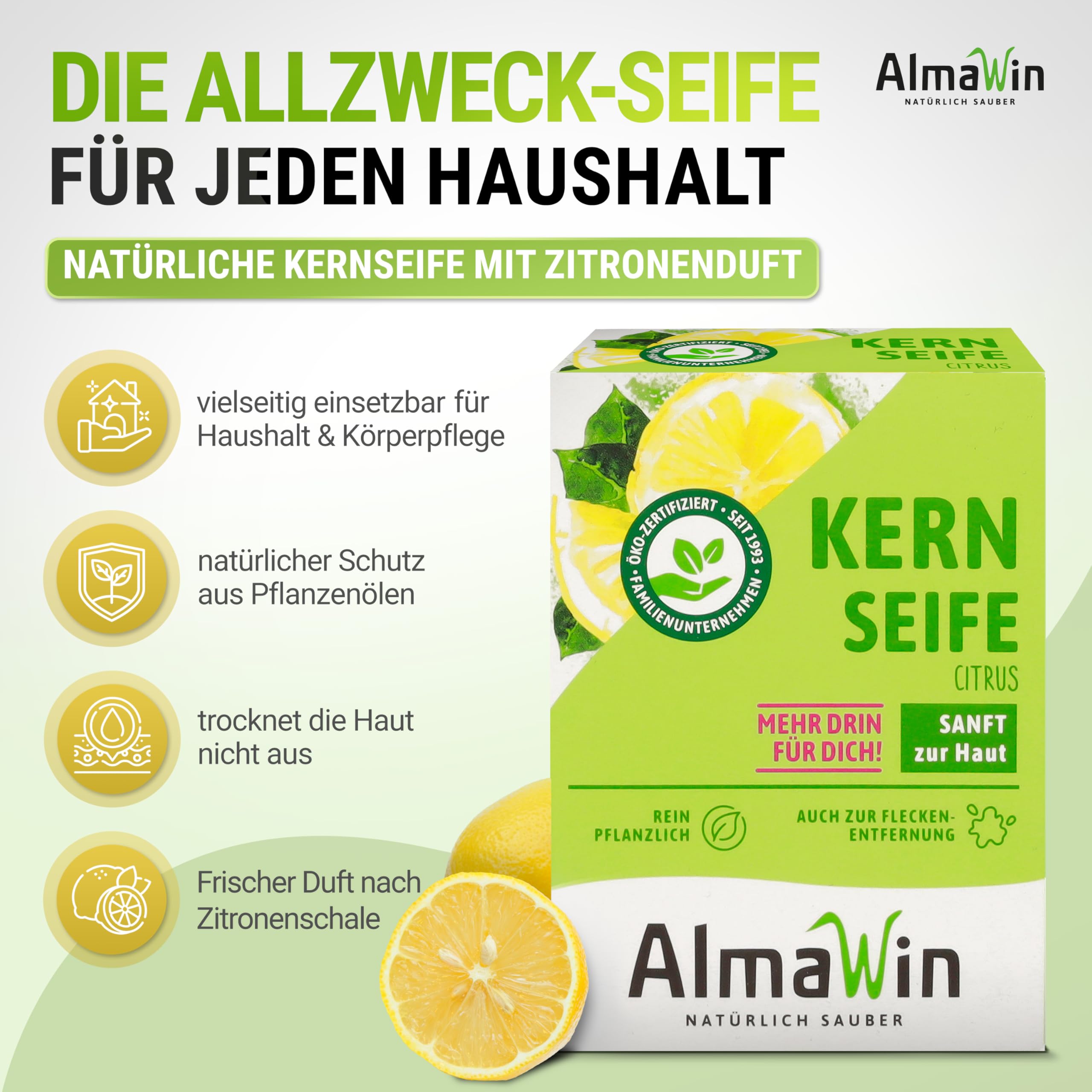 AlmaWin® Kernseife mit zartem Zitronenduft [24x 100g] - Stückseife für sanfte Hautreinigung - Vegane Seife Bio für gründliche Reinigung in Haushalt & Werkstatt - Kernseife Zitrone, Seife