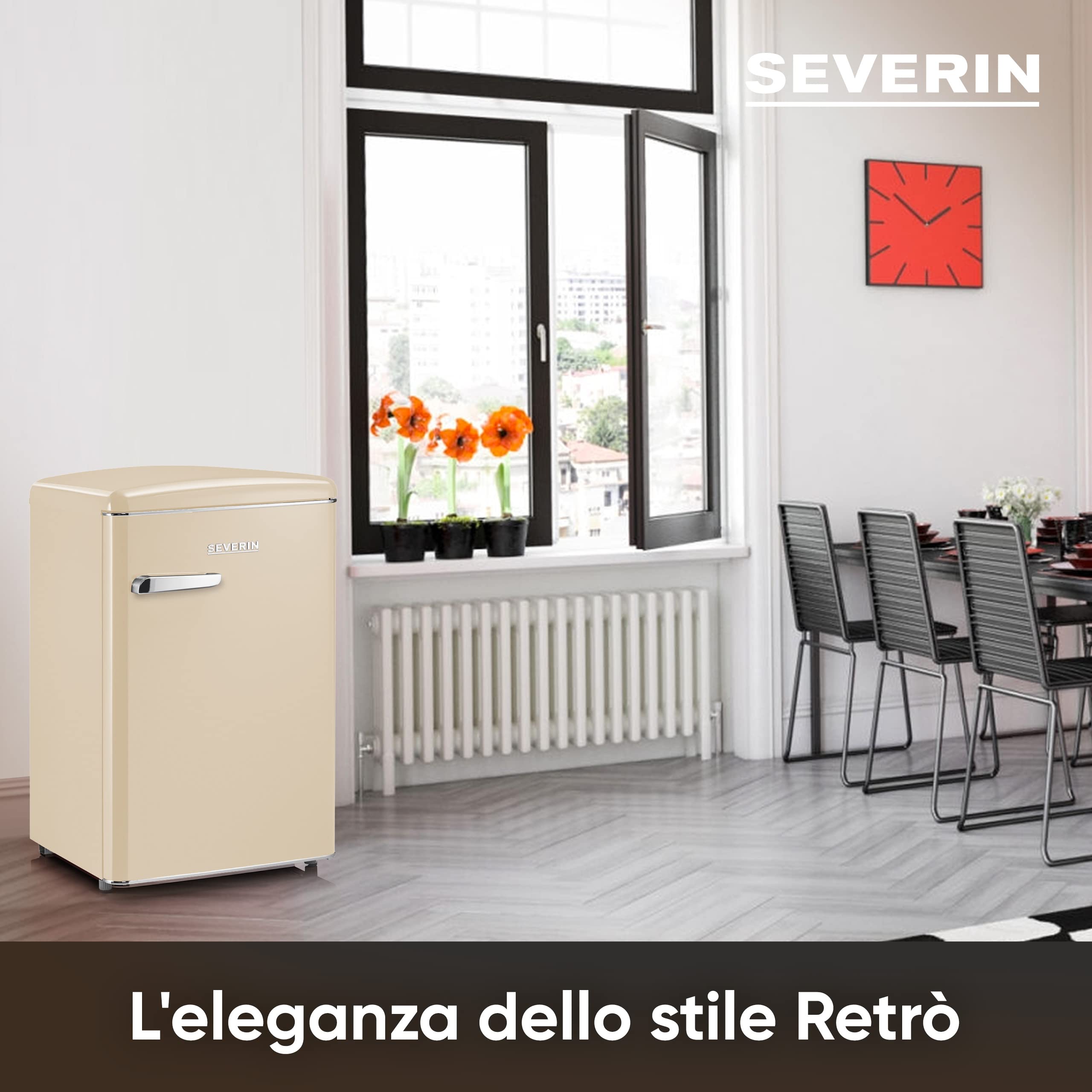SEVERIN Mini Frigorifero Retrò Crema, 108 Litri, Congelatore 13L, Silenzioso (37 dB), Classe D, Luce LED, Cassetto Veggibox, Maniglie Cromate, Portabottiglie, 55,0 x 61,5 x 89,5 cm - RKS 8833