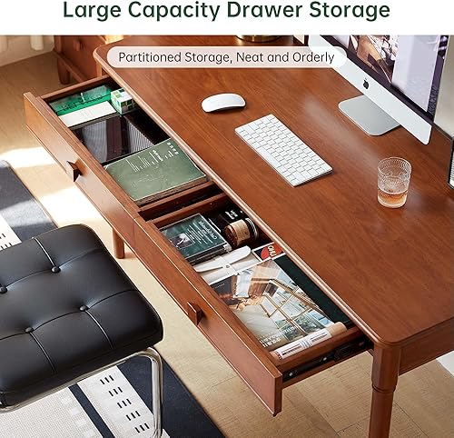 Miniatura 4 de YESWOOD Escritorio de madera maciza con cajones, escritorio de oficina moderno de mediados de siglo, escritorio de computadora con 2 cajones para