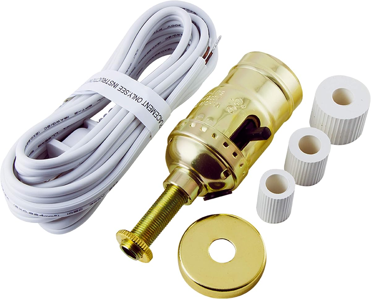Power Gear Lampholder Kit, 8 Ft Power Cord, Push-Through Socket, Bottle Adapters, Repair/Replace Floor and Table Lamps, DIY Project, 250VAC/250W, UL Listed, Gold/White, 50961