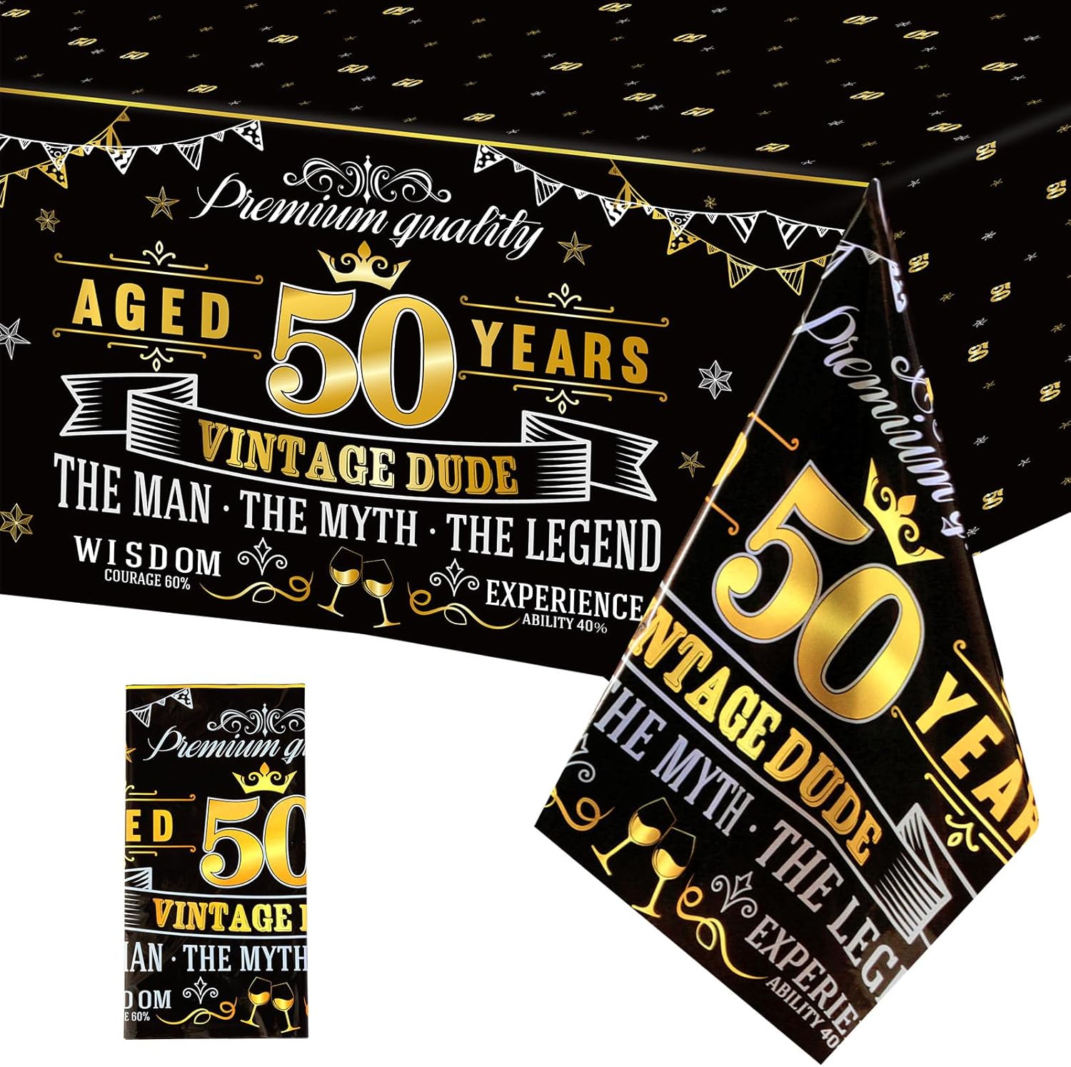 Vintage 50th Plastic Tablecloths - Black Gold Vintage Happy 50 Birthday Party Table Cloth - Cheers to 50 Years Party Decorations for Men - 12 Packs (12)
