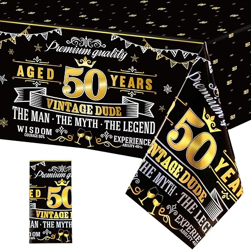 Manteles de plástico vintage 50  Mantel vintage de fiesta de cumpleaños 50 color negro dorado  Decoración de fiesta de felicitación a 50 años para