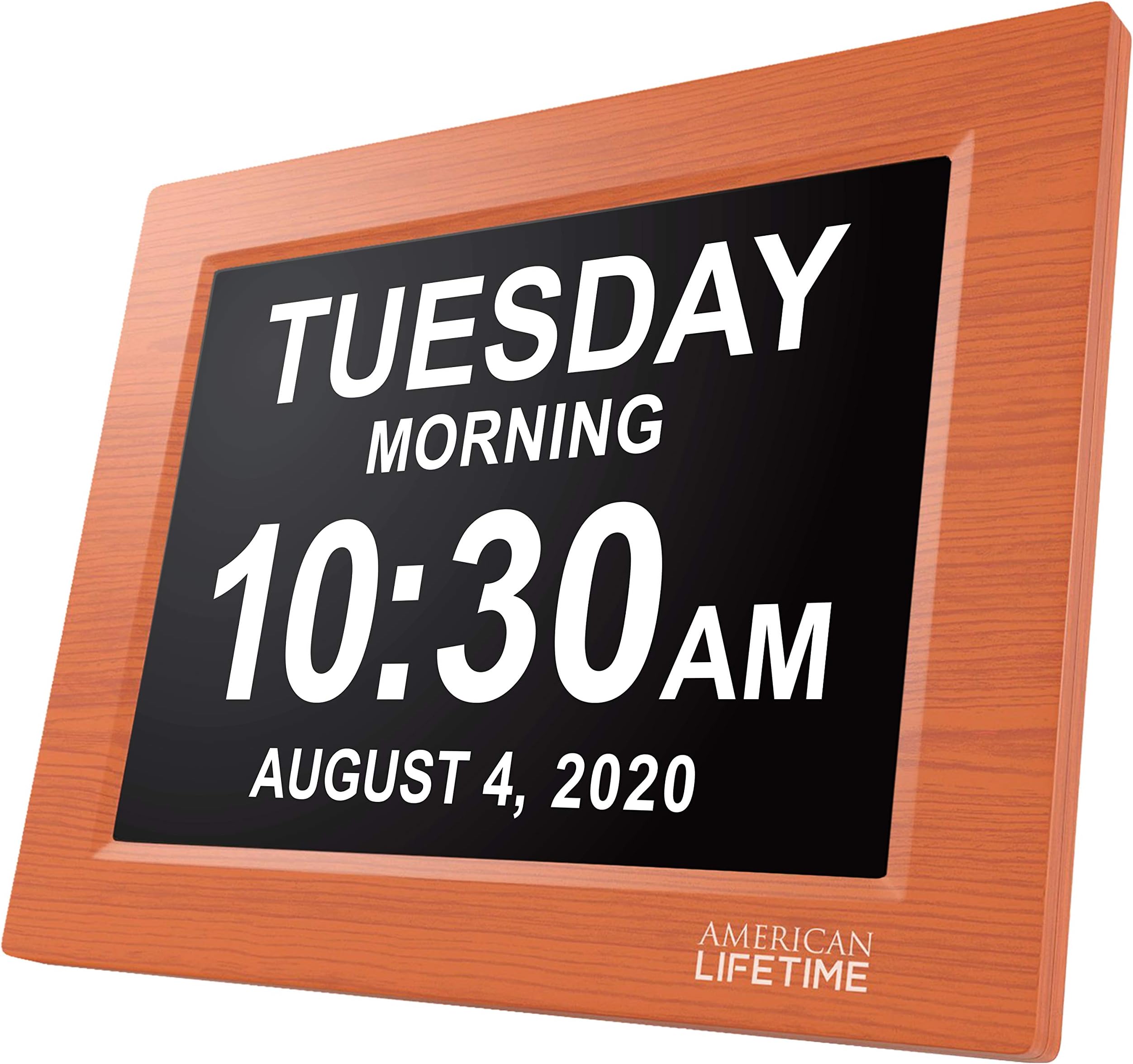 American Lifetime [Newest Version] Day Clock - Extra Large Impaired Vision Digital Clock with Battery Backup & 5 Alarm Options (Brown Wood)