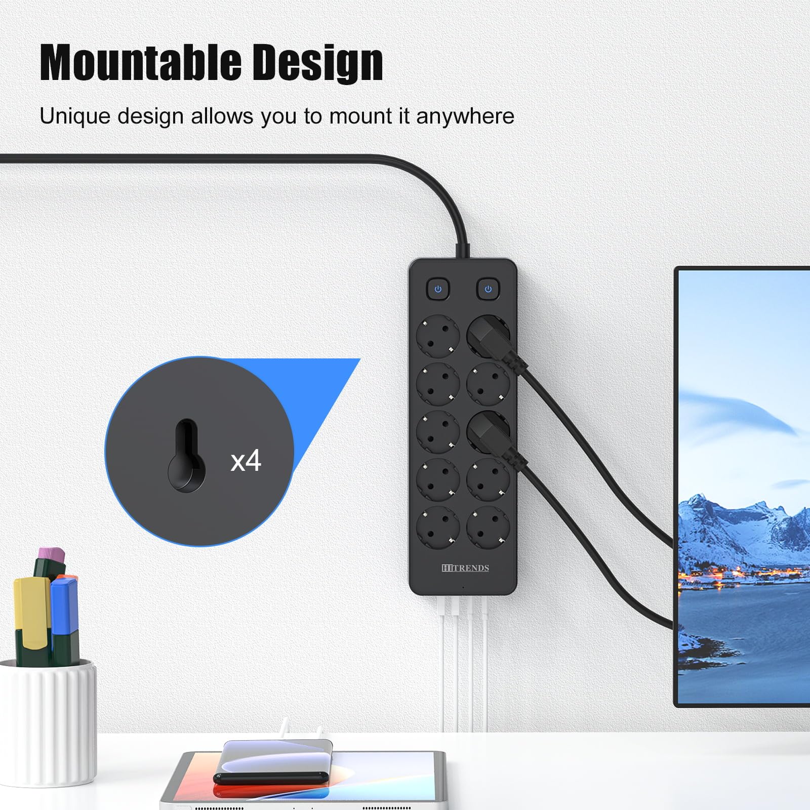 Multipresa con interruttore, Ciabatta 10 prese con protezione da sovratensione, Multipresa con 2 USB-A e 2 USB-C (20 W PD), Ciabatta con cavo da 2 m per casa, ufficio (nero)