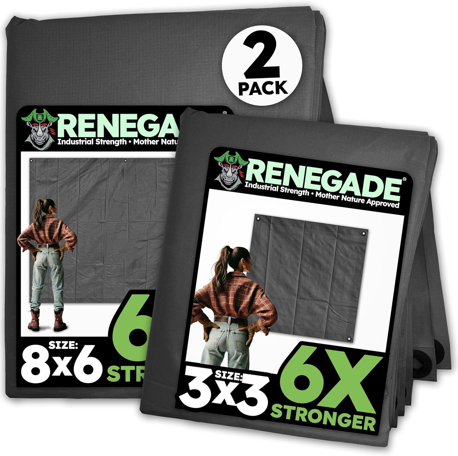 RENEGADE Industrial Tarp Bundle 3x3 & 8x6 ft – Heavy Duty Waterproof Cargo Covers for Vehicle Interiors, Truck Beds & Equipment – 6X Stronger, UV-Resistant, PFAS-Free