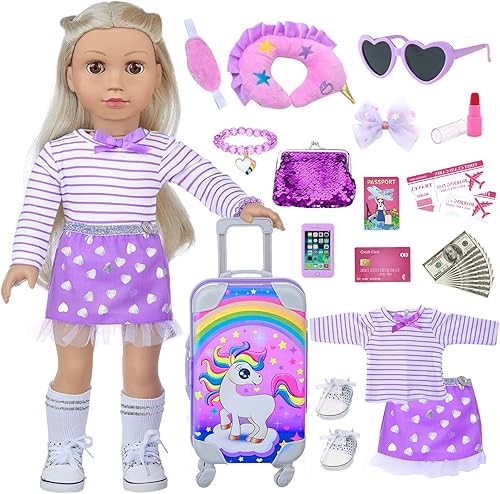 DONTNO 29 piezas de ropa y accesorios de muñeca americana, lindo juego de viaje para muñecas de 18 pulgadas con traje de ropa morado, maleta de