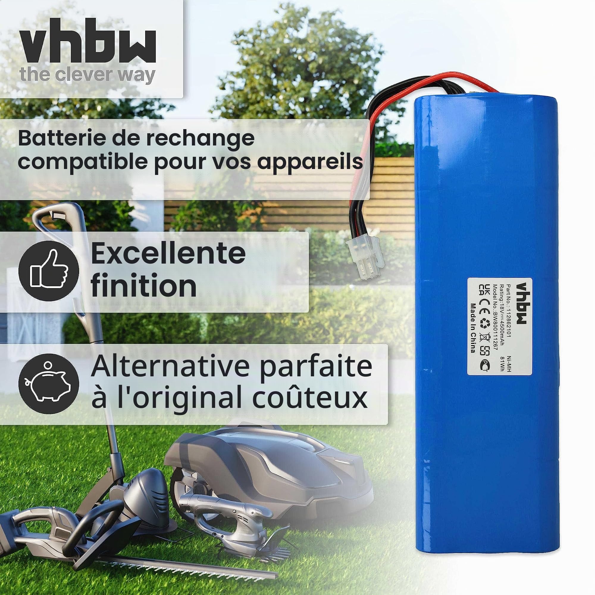 vhbw Batterie Compatible avec Husqvarna Automower 220AC, G2 2004-2006, 230ACX, Solar Hybrid, 210C, 260ACX, SH, 210AC Tondeuse (4500mAh, 18V, NiMH)