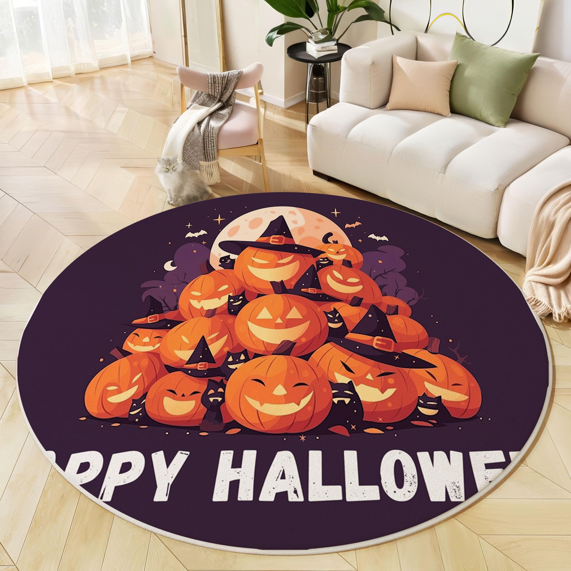 Tapis rond salon thématique Halloween violet de 120cm idéal pour chambre