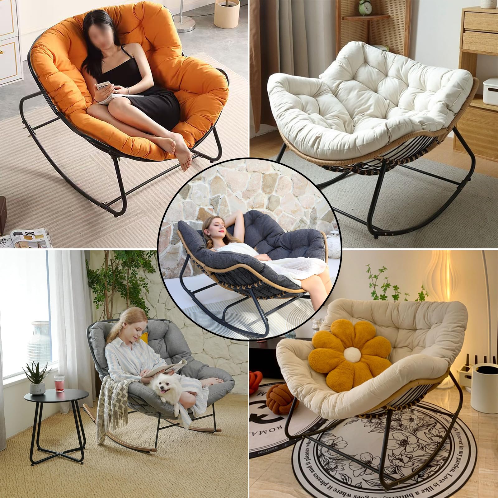 Coussin de chaise à bascule imperméable - Pour le salon - Confortable - Pour l'extérieur et l'intérieur - Coussin pour fauteuil papasan - Double - Pour jardin, terrasse - Noir