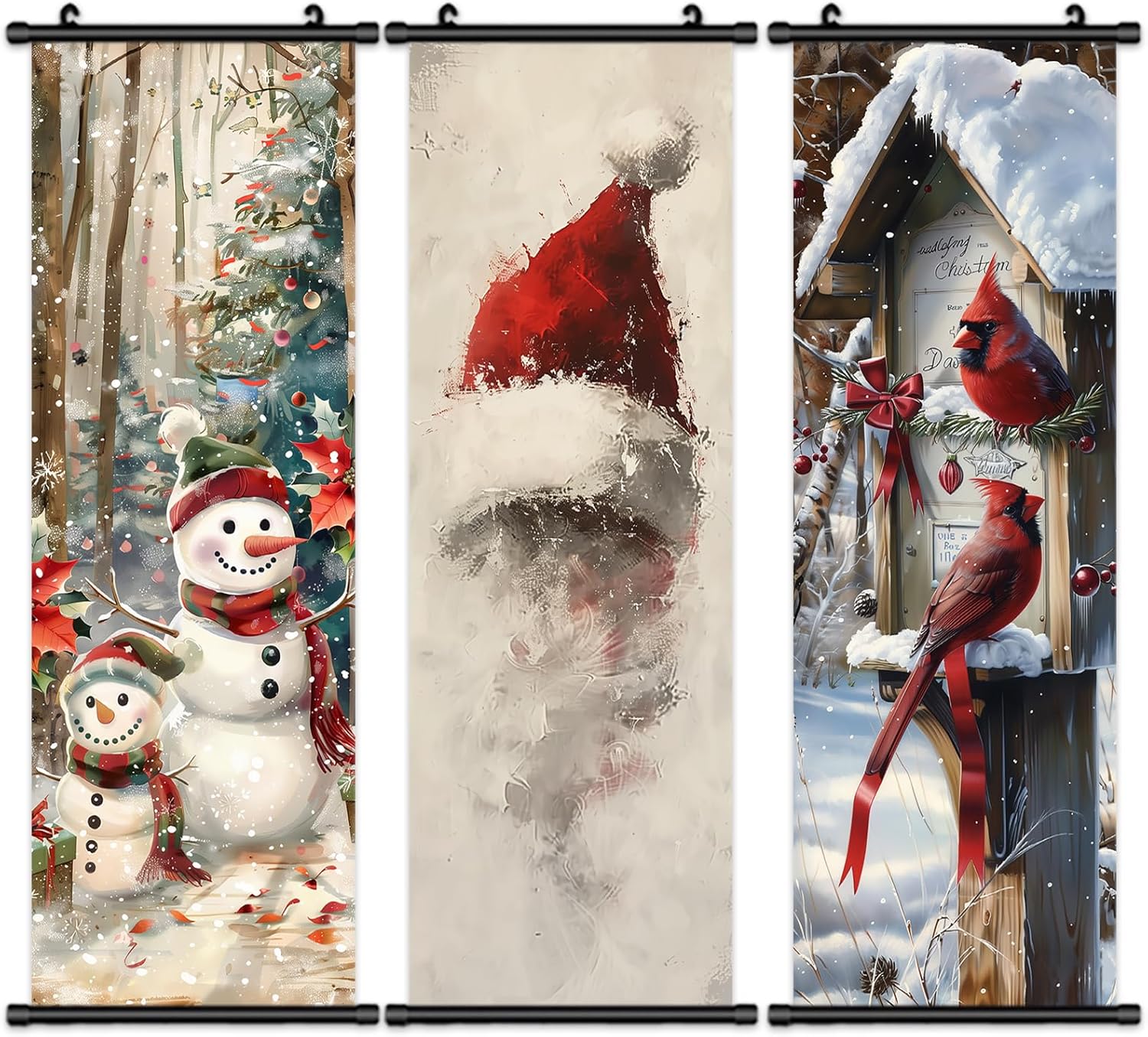 Pennimor Juego de 3 lienzos de pared de Navidad  Muñecos de nieve de 15.8 x 47.2 pulgadas con estampados de sombrero de Papá Noel y cardenales,
