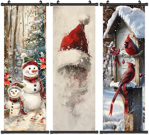 Pennimor Juego de 3 lienzos de pared de Navidad  Muñecos de nieve de 15.8 x 47.2 pulgadas con estampados de sombrero de Papá Noel y cardenales,
