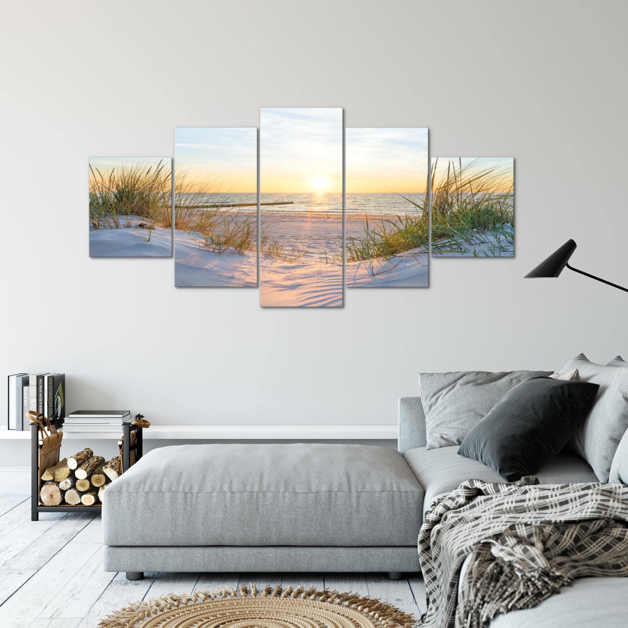 Runa Art - Quadri Spiaggia Tramonto 200 x 100 cm 5 Pezzi XXL Decorazione Murale Design Beige blu 041751a