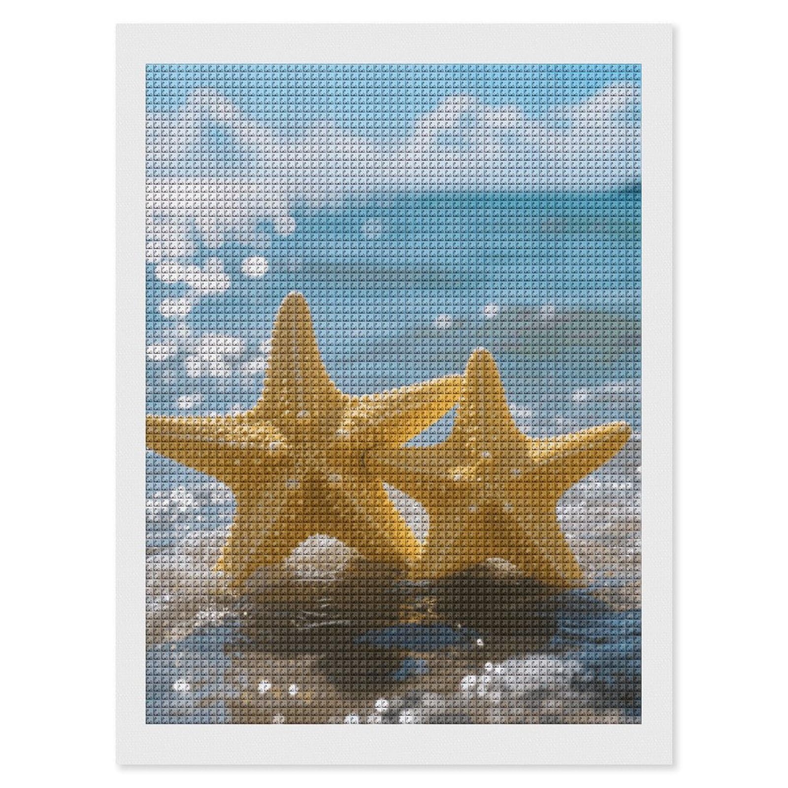 FodPand Yellow Starfish on Beach 5D Diamond Painting Kits for Adults Beginners Full Drill Square Diamond Dots Pictures Gem Art Supplies for Home Wall Room Decoration DIY Craft Set Gift 12x16